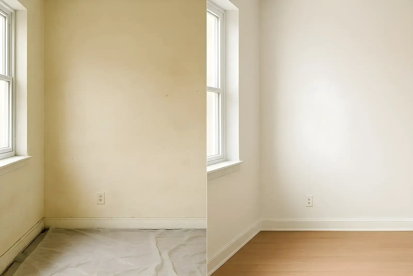 Antes y después de pintura interior en salón, trabajo de Los Pintores en Granada con paredes renovadas