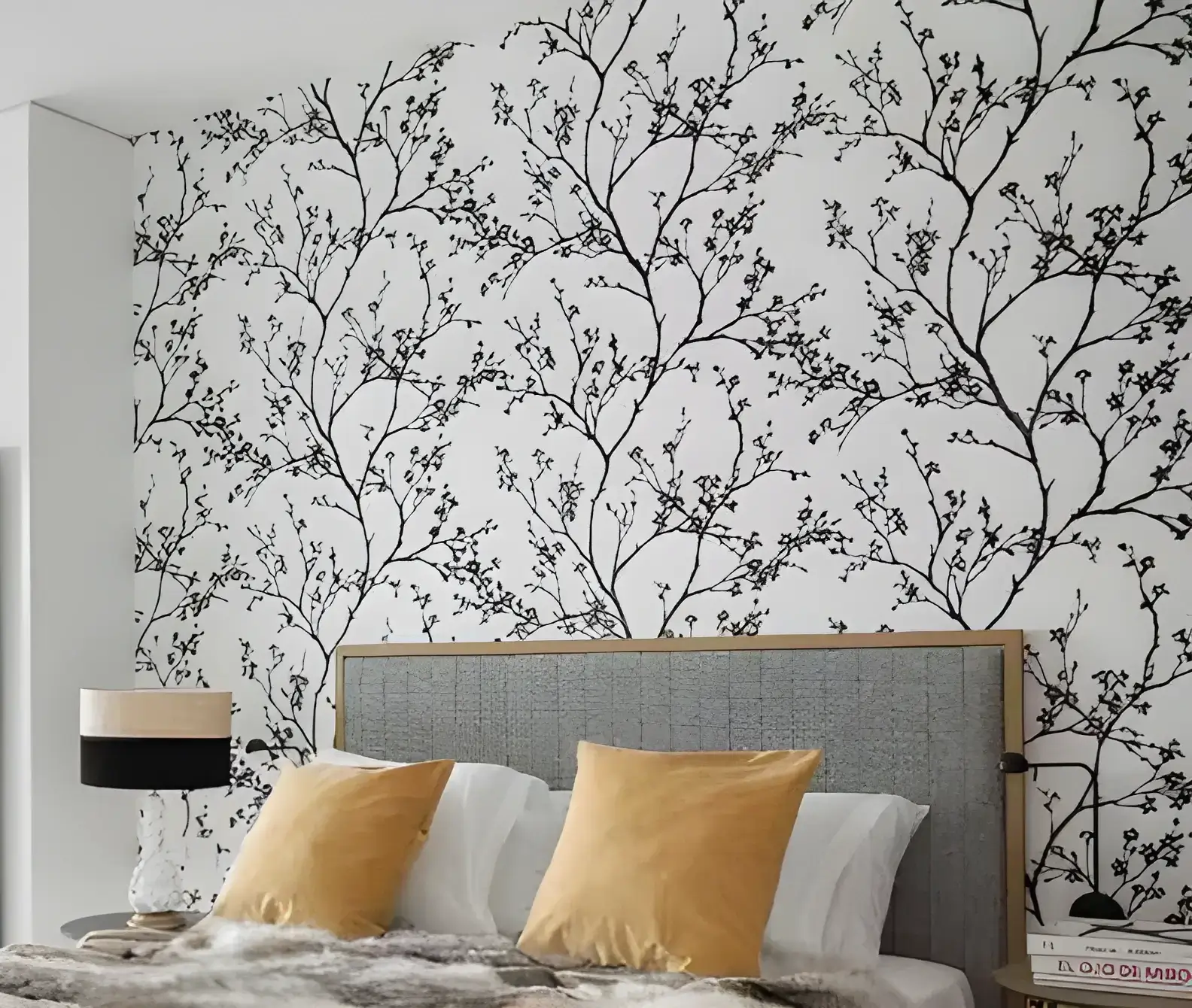 Los Pintores en Granada instalando papel pintado de ramas en cabecero de dormitorio moderno