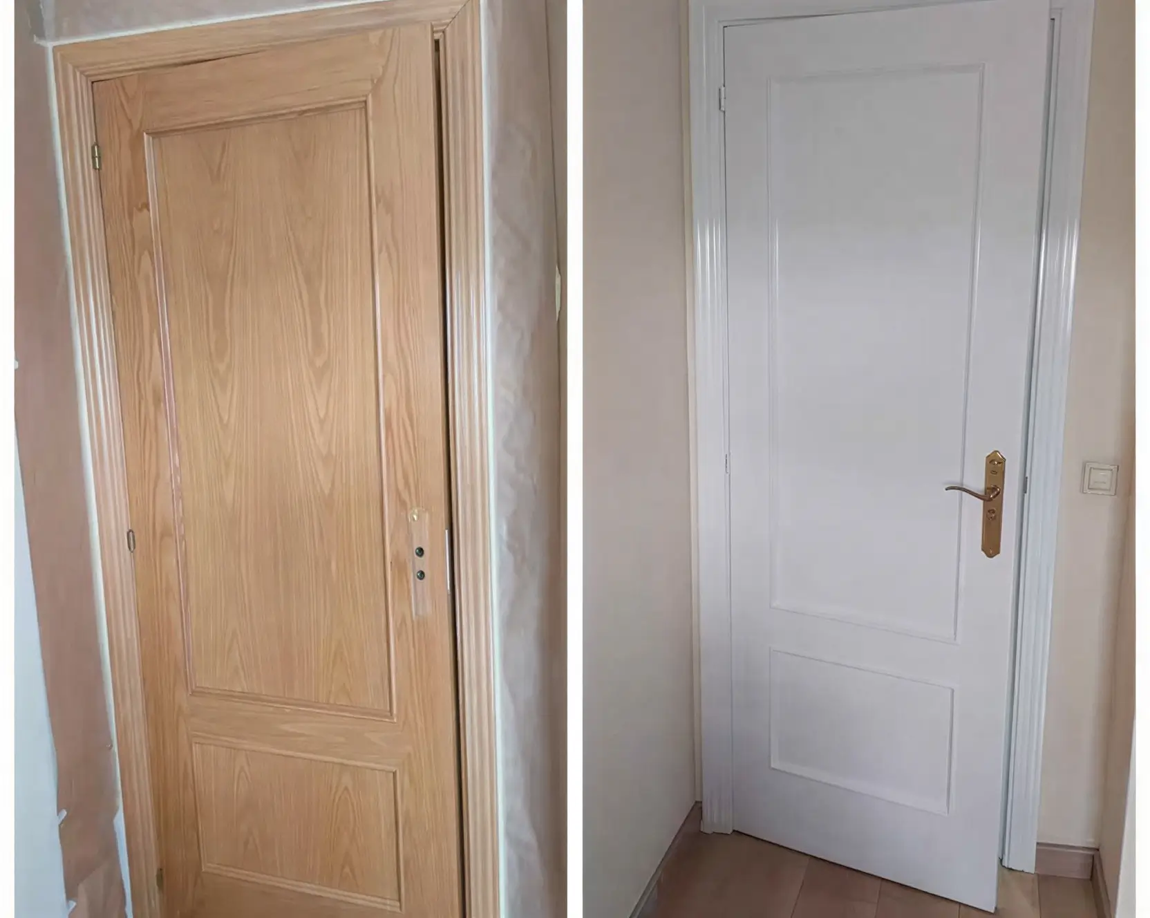 Antes y después de lacar puerta de madera en blanco por Los Pintores en Granada